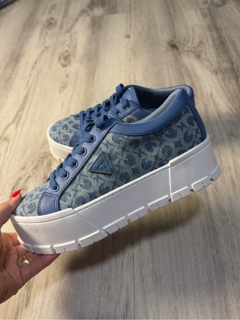 Guess Blue Denim-Pattern Platform Lace-Up Sneakers
